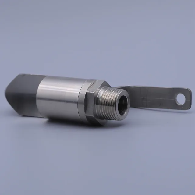 Stainless steel industrial fitting with external threads, a hex body, and a flat metal tab