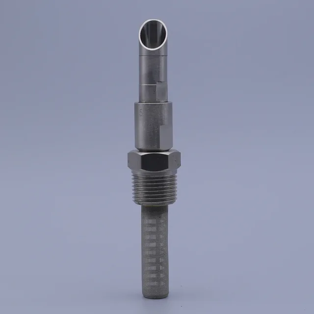 Vertical stainless steel industrial component with threaded hex nut and slotted tube