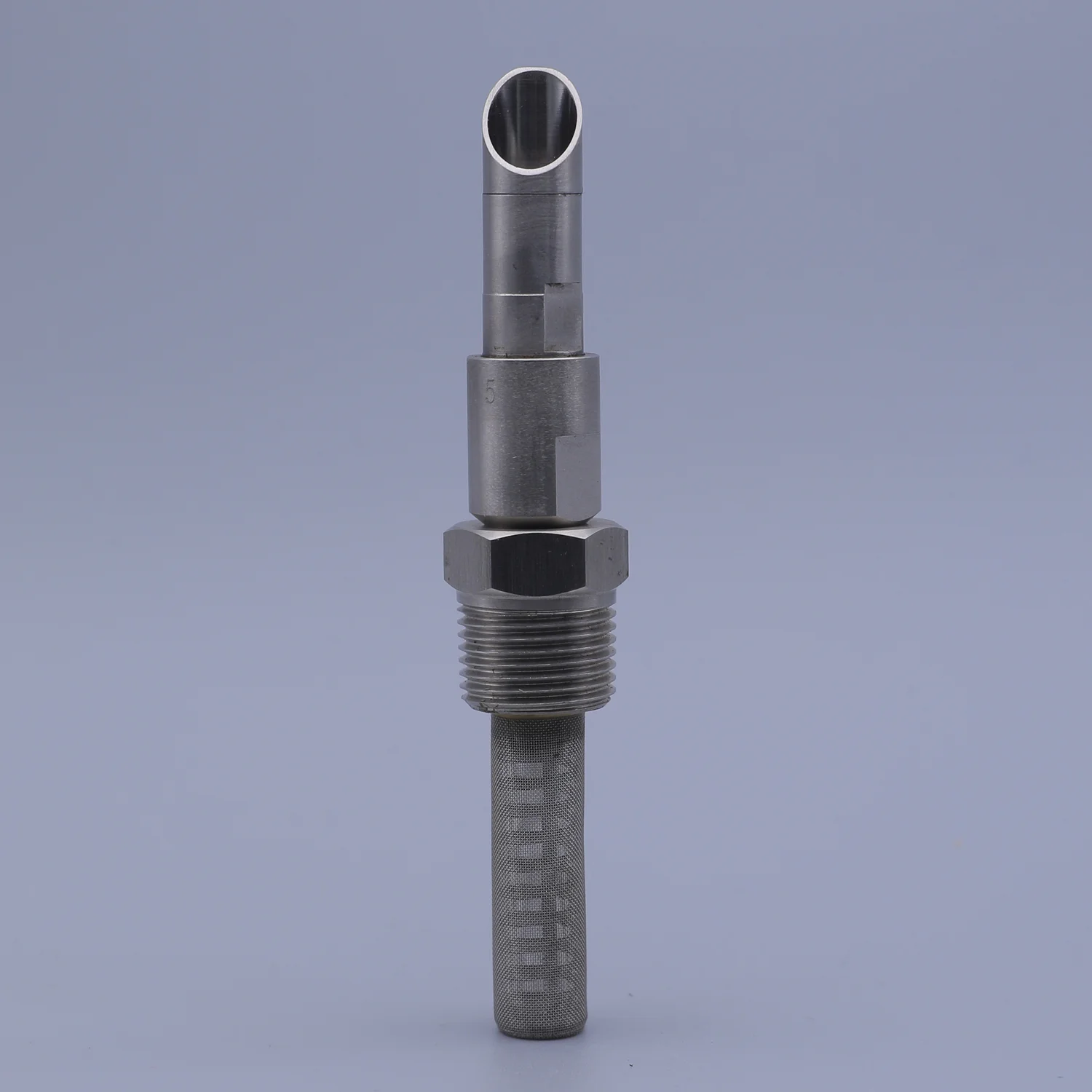 Vertical stainless steel industrial component with threaded hex nut and slotted tube