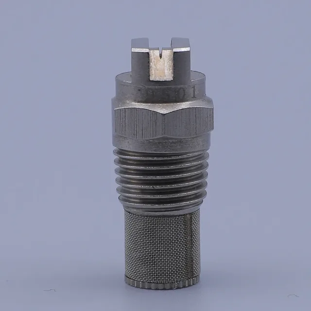 A close-up of a metallic mechanical component featuring a slotted top, threaded body, and a knurled base