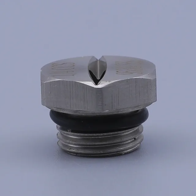 Stainless steel hex nozzle with V-shaped slit tip, black O-ring, and threaded base on a plain background
