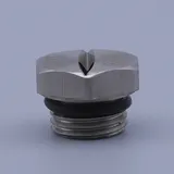 Stainless steel hex nozzle with V-shaped slit tip, black O-ring, and threaded base on a plain background