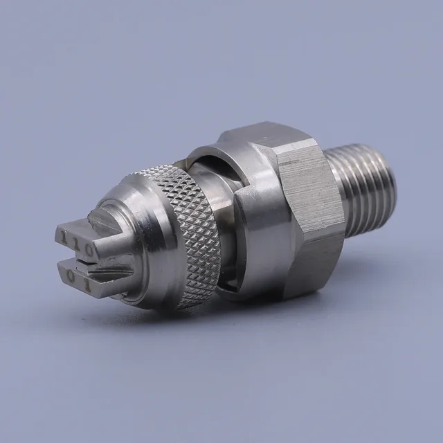 Stainless steel spray nozzle with external thread and knurled locking ring on a solid background