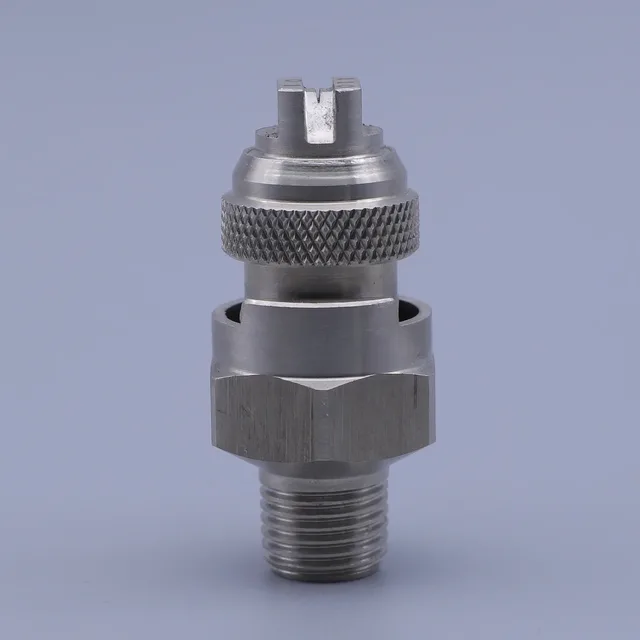 Metallic industrial fitting with threaded base and knurled upper section, isolated against a light blue background
