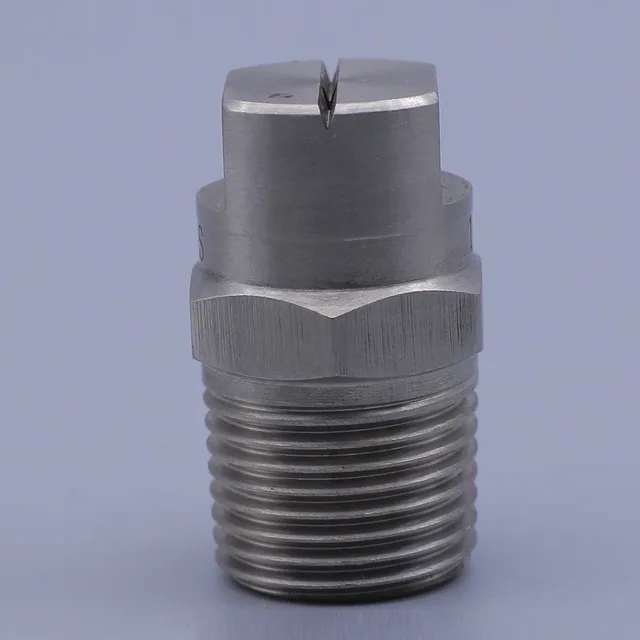 Vertical close-up of a stainless steel nozzle with external threads and a slotted tip