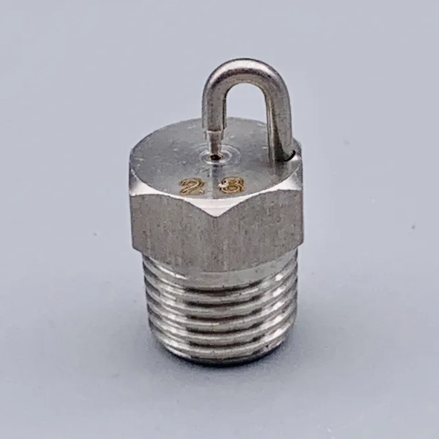 A metal hexagonal pipe plug with a threaded end and a wire loop on top