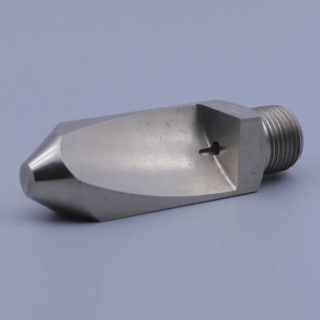 Stainless steel flat fan spray nozzle with external thread connection on a gray background