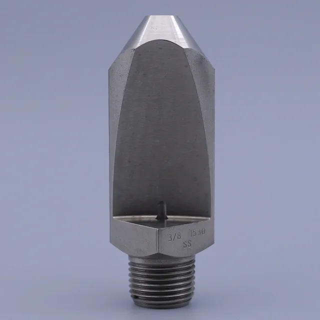 Close up of a stainless steel flat fan spray nozzle with a threaded connection