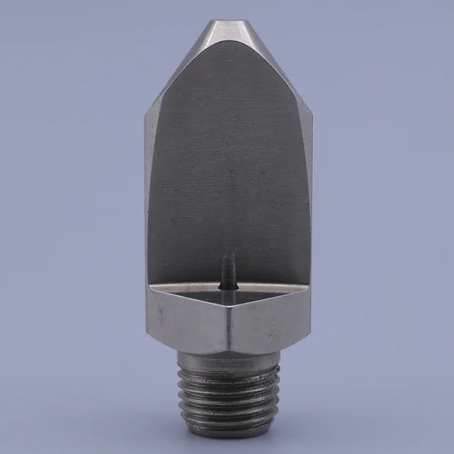 Stainless steel flat fan spray nozzle with threaded connection on a blue background