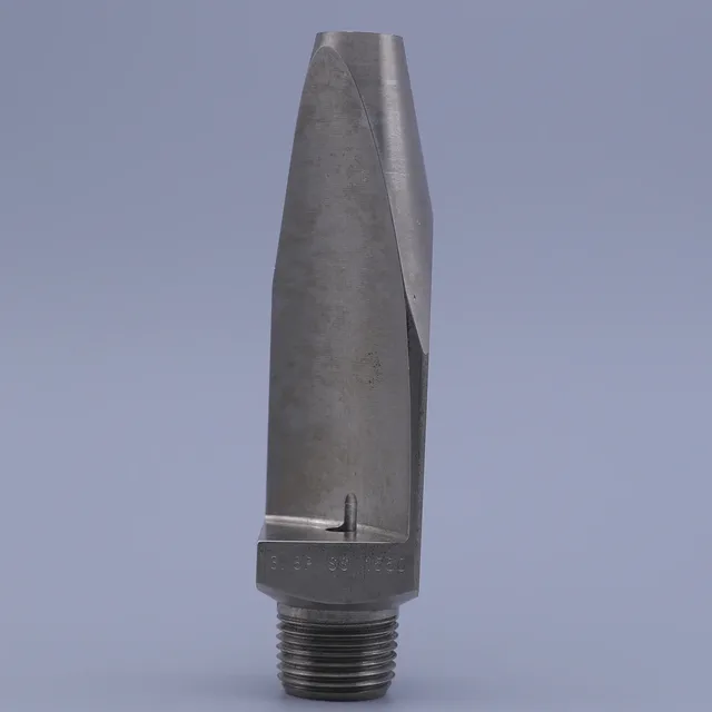 A stainless steel industrial spray nozzle with a tapered profile and a threaded connection base