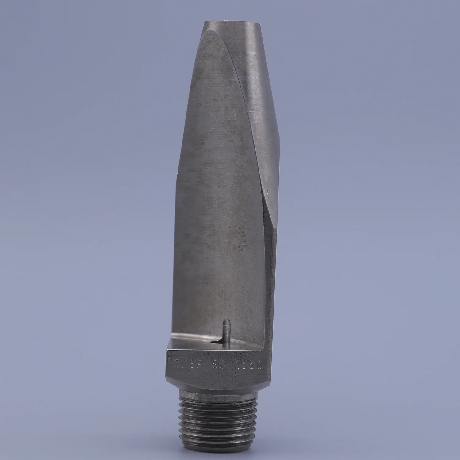 A stainless steel industrial spray nozzle with a tapered profile and a threaded connection base