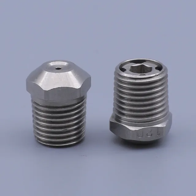Two stainless steel threaded nozzles with hexagonal bases and internal star fittings