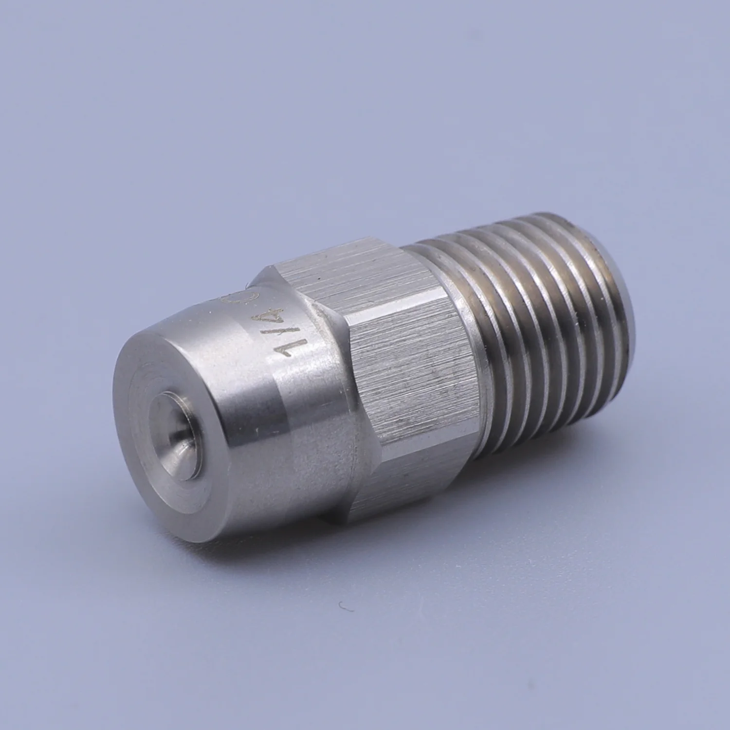 Stainless steel threaded fitting with a hex body and engraved size marking