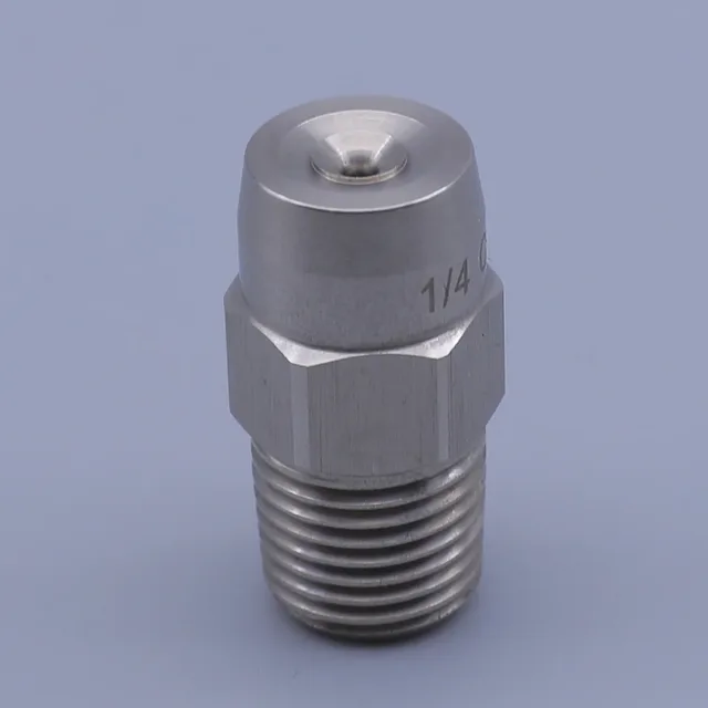Stainless steel spray nozzle with hex body and male threads on a plain background
