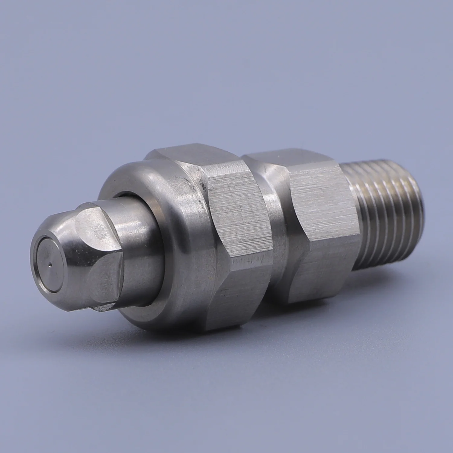 Stainless steel industrial nozzle with hex body and threaded male connection