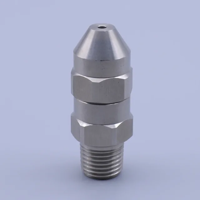 Stainless steel industrial nozzle with hex body and threaded base on a light blue background