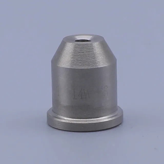 A stainless steel industrial component with a tapered top and a circular base, featuring laser-etched text