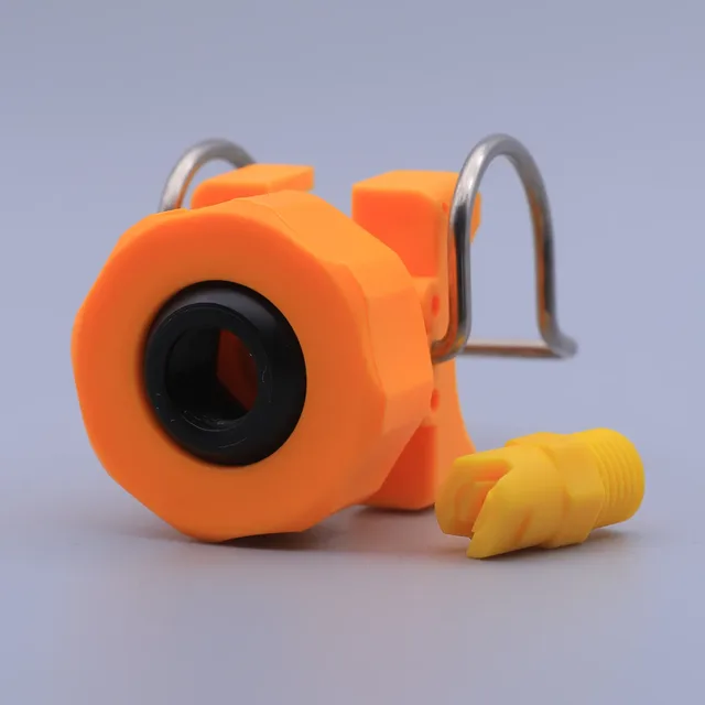 Orange and yellow plastic garden hose connector with metal clips