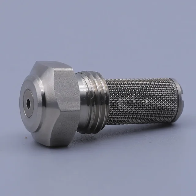 A stainless steel component featuring a hexagonal nut, a threaded neck, and a cylindrical wire mesh filter section