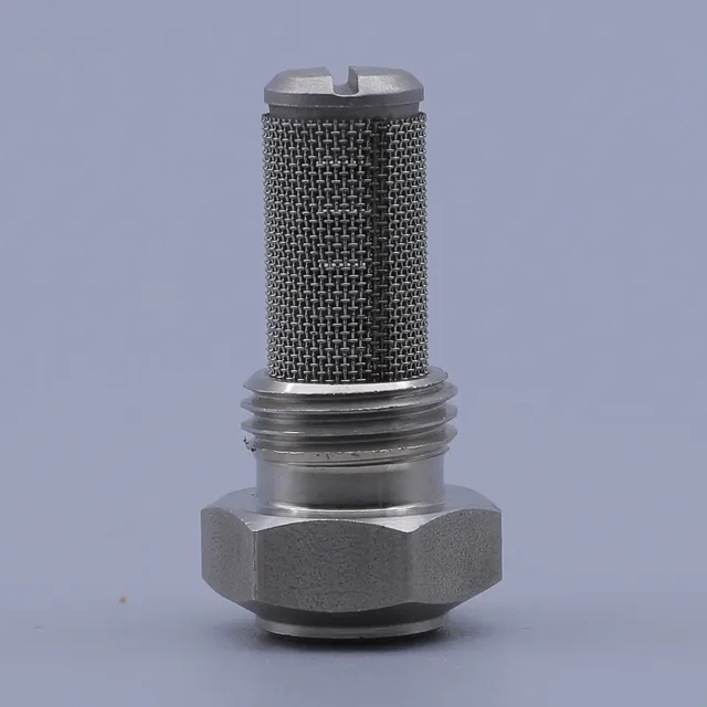 Stainless steel mesh filter component with threaded base and hex nut