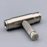 Silver metal T-shaped connector with knurled grip on a gray background