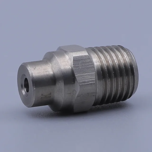 Stainless steel threaded fitting adapter with hexagonal body and small central bore
