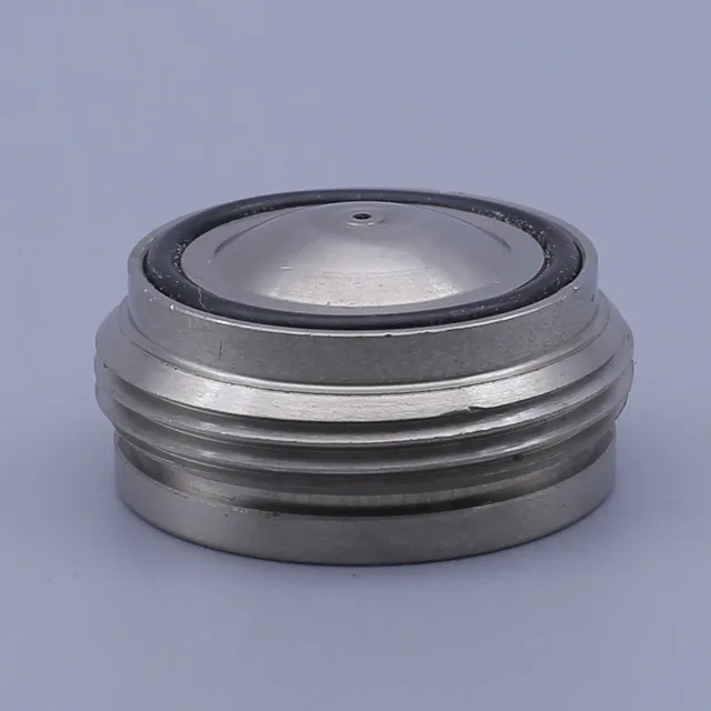 A threaded metal cap with a domed top and a black rubber seal ring