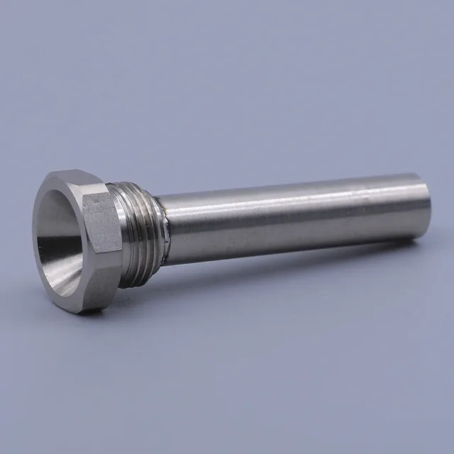 Stainless steel metal fitting with a hexagonal base, external threads, and a long cylindrical tube