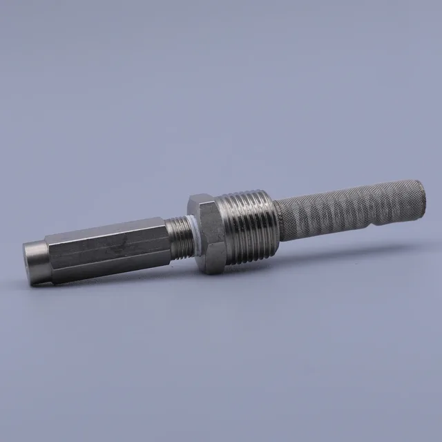 Stainless steel threaded sensor probe with hex nut and knurled handle on grey background