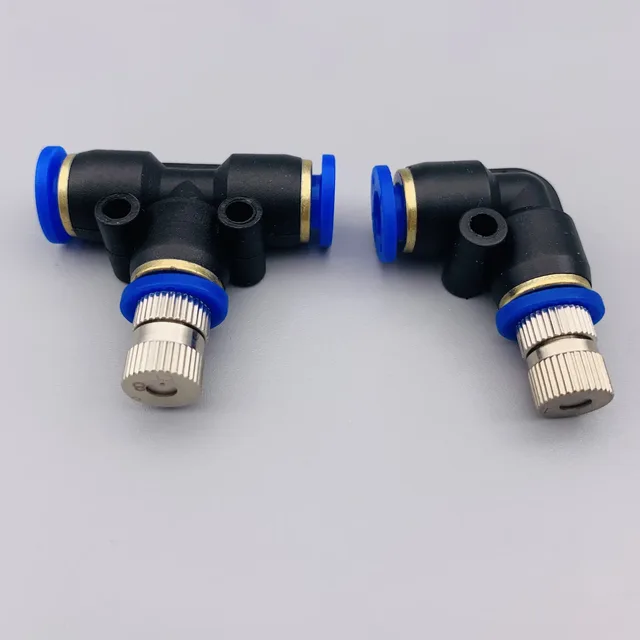 Two black pneumatic speed control valves with blue collars and silver adjustment knobs on a white background