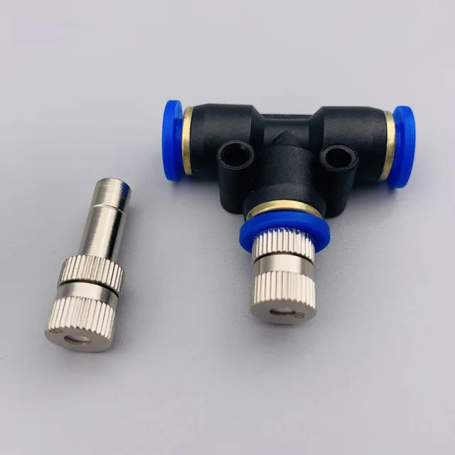 T-shaped pneumatic fitting with blue collars and a separate knurled metal component