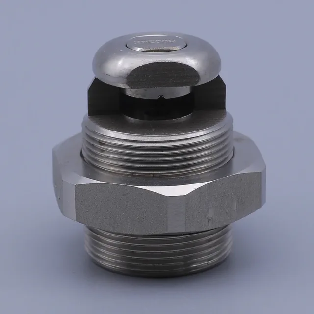 Stainless steel threaded industrial fitting with a hexagonal body and a domed top