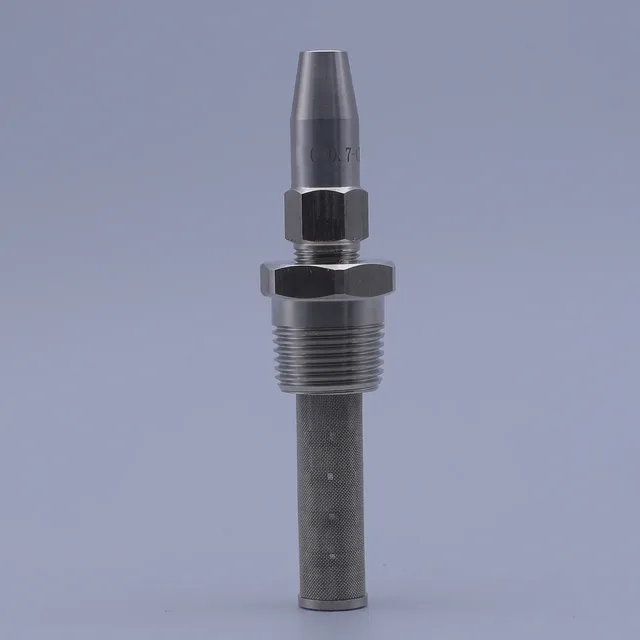 Stainless steel industrial component with hex nut, threads, and perforated filter tube