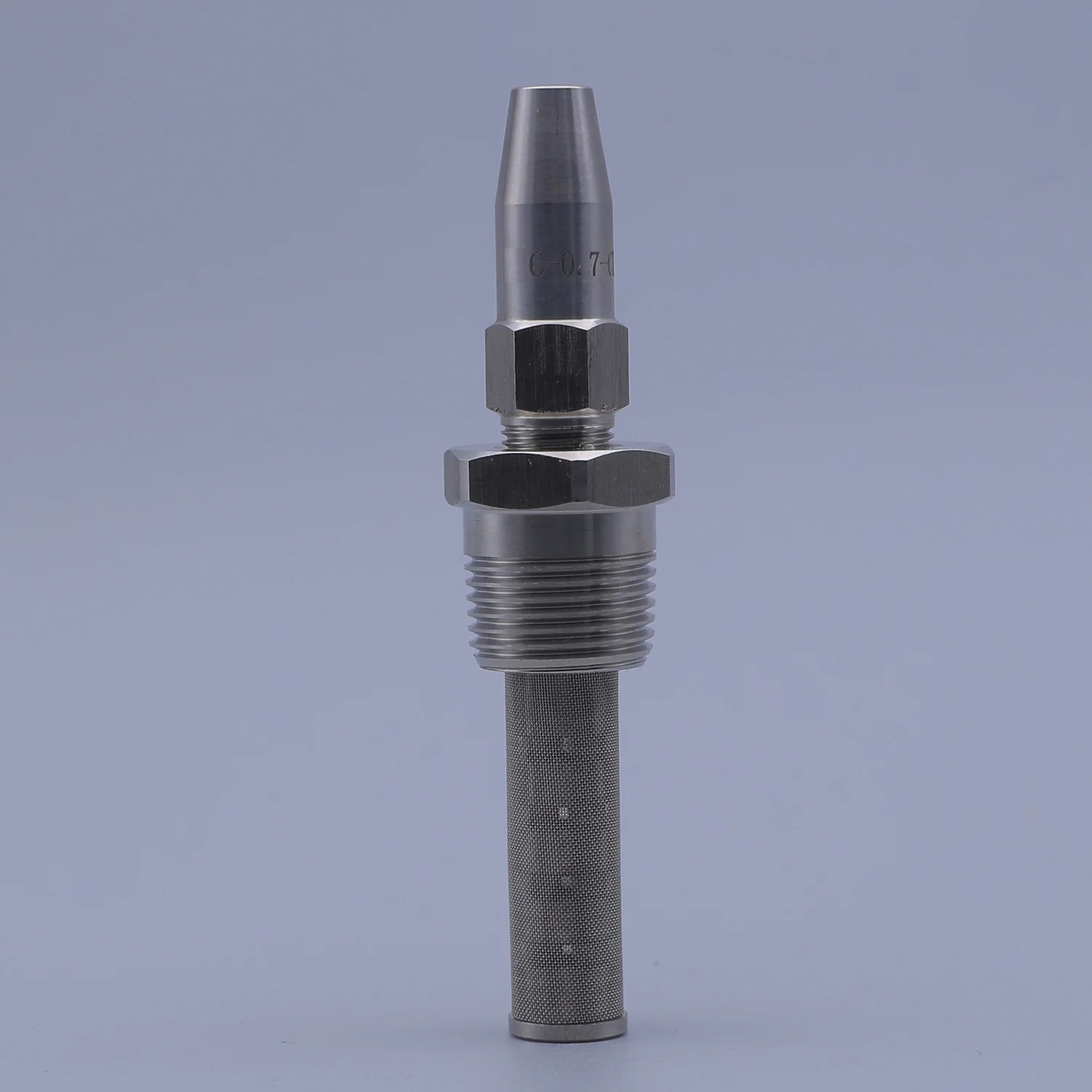 Stainless steel industrial component with hex nut, threads, and perforated filter tube