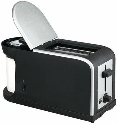 BT120 with coffee maker bread toaster in black long body with a hinged stainless lid