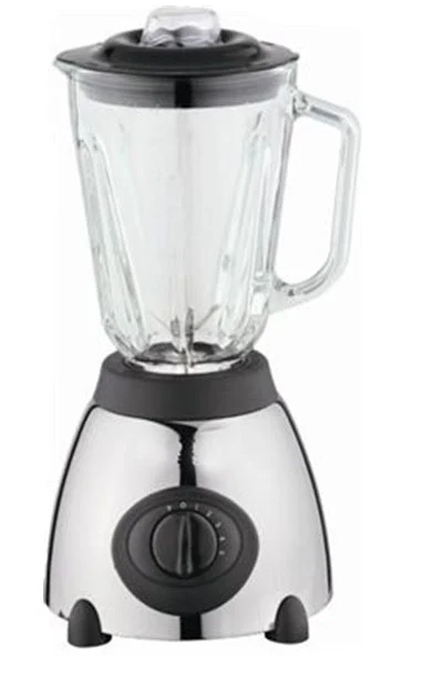 JE47 blender in glass jar on a polished stainless housing