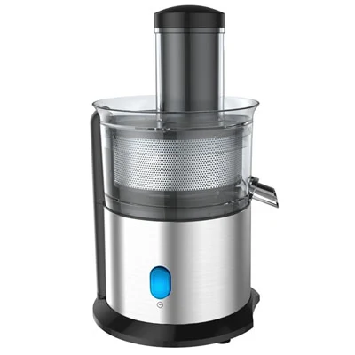 JE127 juicer in brushed stainless cylinder with a blue lit switch