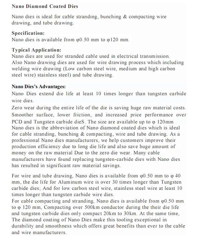 Nano Diamond Coated Drawing Dies specification sheet