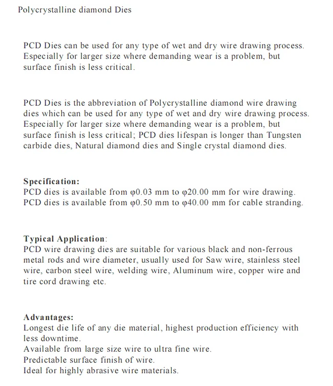 PCD Wire Drawing Dies specification sheet