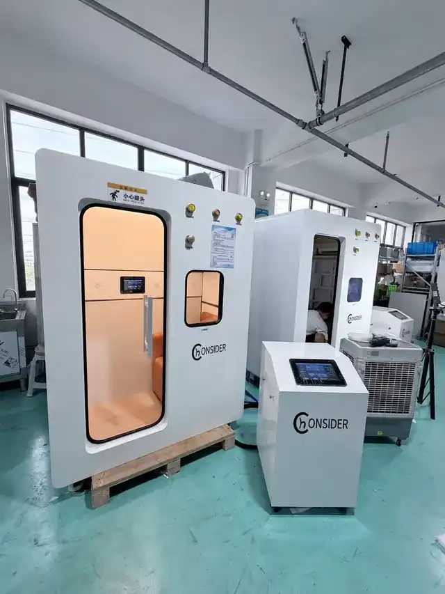 Hard-shell chamber bodies, control consoles and support equipment prepared together as complete systems.