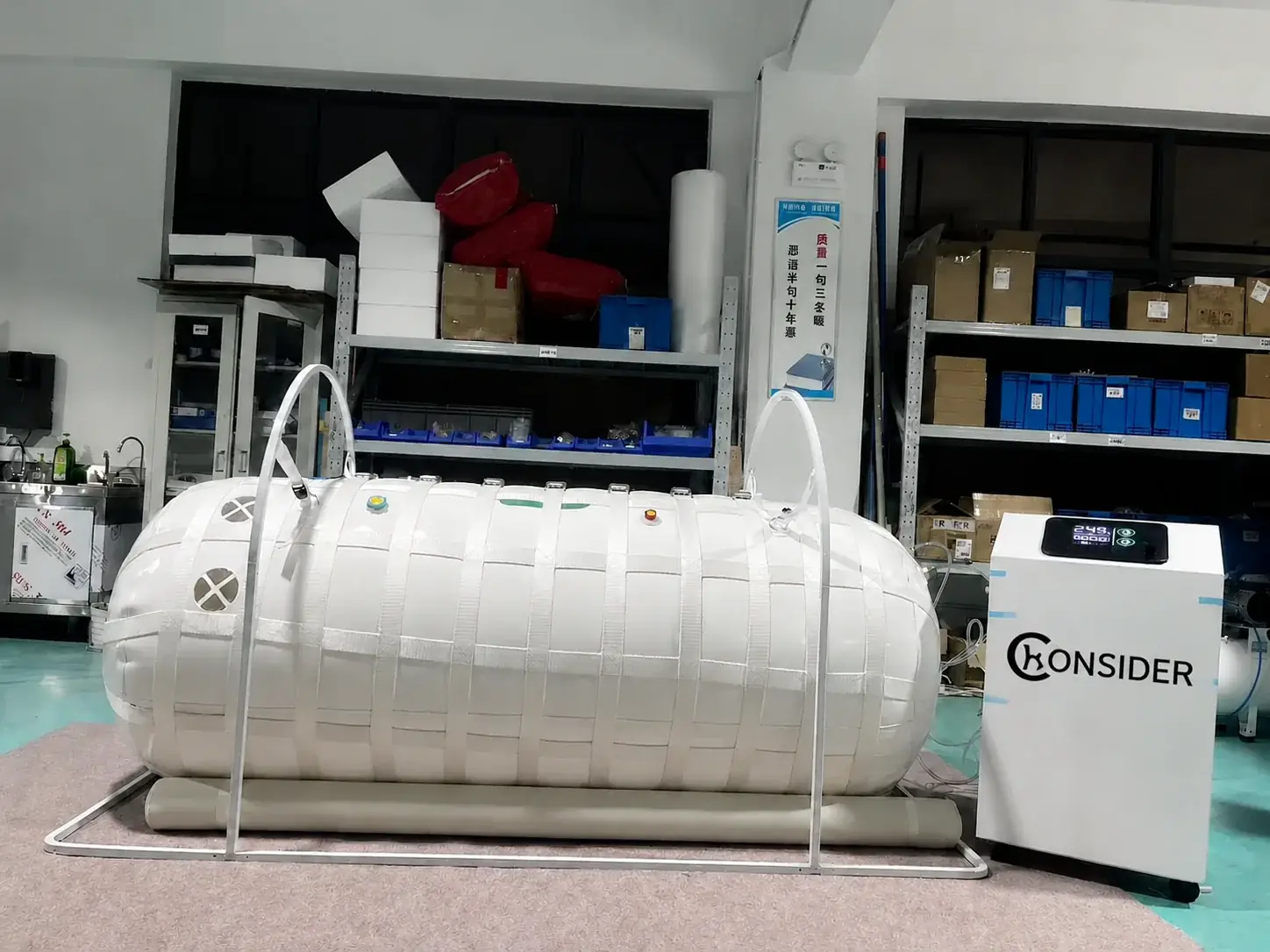 CONSIDER soft lying hyperbaric chamber with support equipment inside the factory