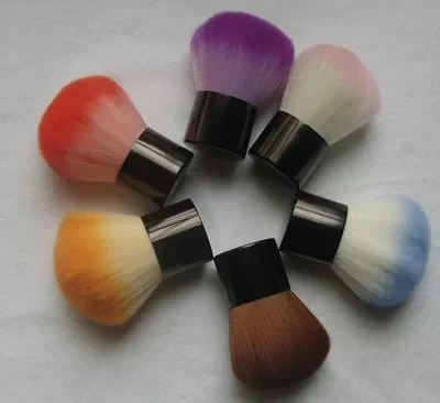Six two-tone nylon kabuki brushes in red purple pink blue yellow and brown with black ferrules
