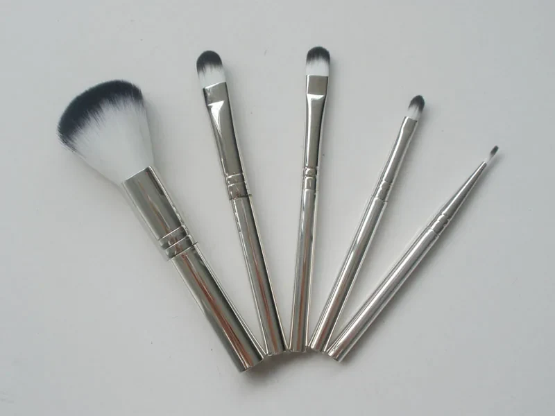 Cosmetic brush set with slim metal handles laid out in a fan