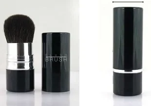Retractable kabuki brush shown open and closed with a black tube body