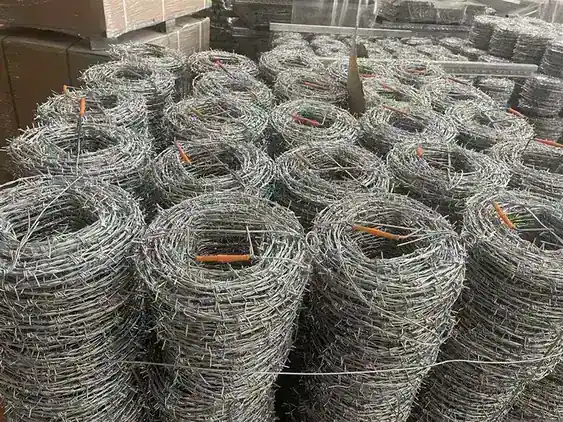 Coils of galvanised barbed wire stacked in the yard