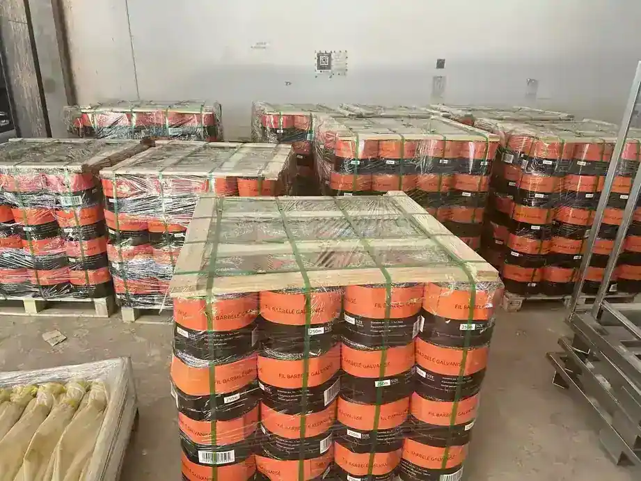Barbed wire coil with the product specification label attached