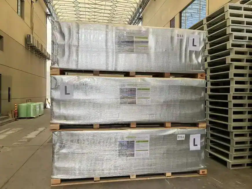 Palletised crop packaging stock ready for container loading