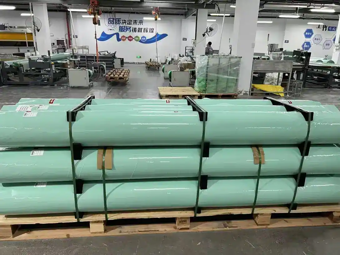 Finished agricultural film rolls staged in the plant before packing