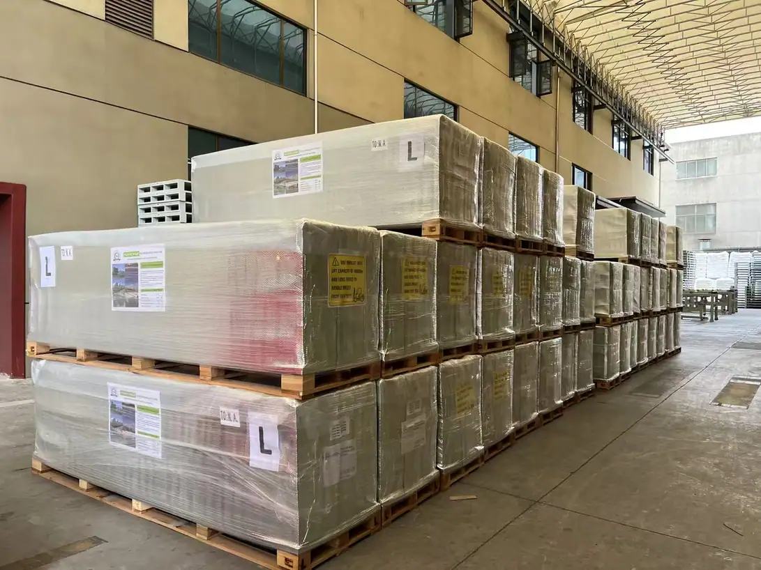 Packed crop packaging pallets awaiting shipment