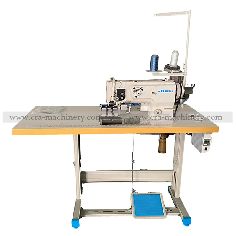 Fold and stitch machine with fabric feed rack for pleated buffs, showing feeding system and stitching head